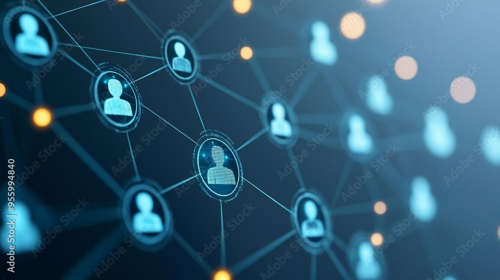 Blue digital network with human icons connected by glowing lines, symbolizing social media interaction and global connectivity Blue digital network with human icons connected by glowing lines, symbolizing social media interaction and global connectivity
