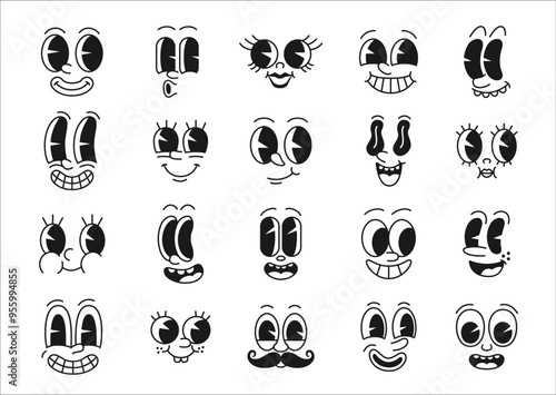 Cartoon comic groovy face, funny eye emotion and retro cute emoji characters vector set. Lively expressions of joy, smile, surprise, mischief or whistle, laugh, astonished or grinning funky personages