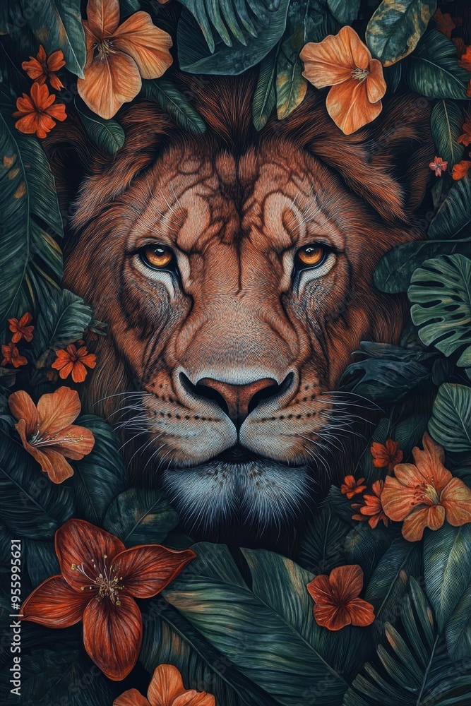 Obraz premium Majestic Lion Portrait Surrounded by Lush Foliage and Vibrant Flowers in a Jungle Setting