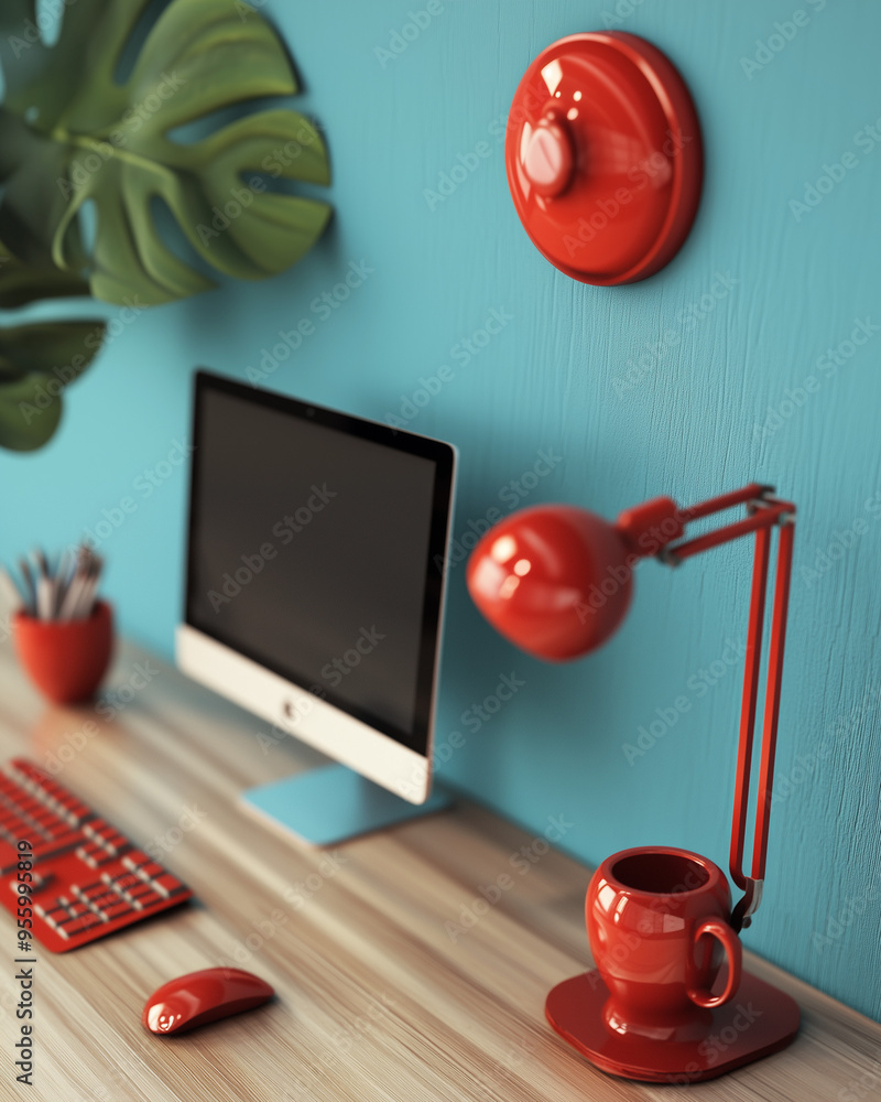 Modern workspace with teal walls, featuring an iMac-style computer, red desk lamp, keyboard, mouse, coffee cup, and a potted plant. Vibrant and minimalist. Modern workspace with teal walls, featuring an iMac-style computer, red desk lamp, keyboard, mouse, coffee cup, and a potted plant. Vibrant and minimalist.