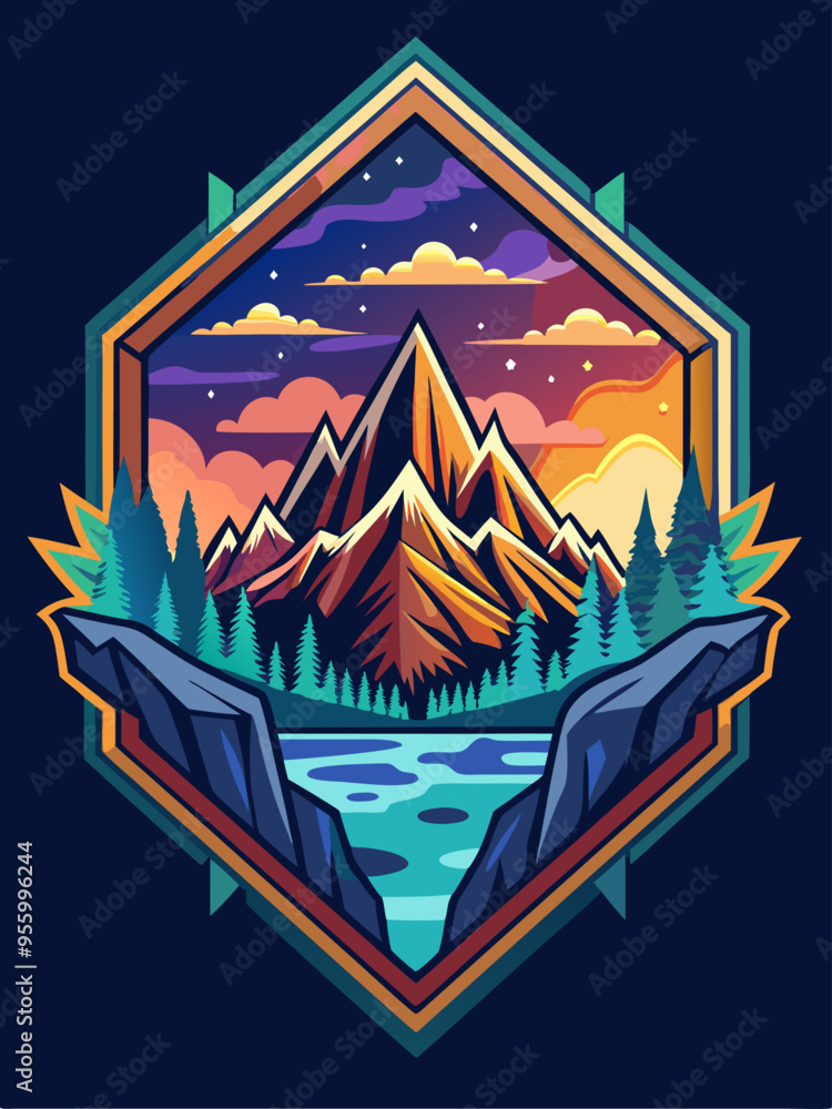 Mountain Landscape with a Lake and Sunset in a Geometric Frame Mountain Landscape with a Lake and Sunset in a Geometric Frame