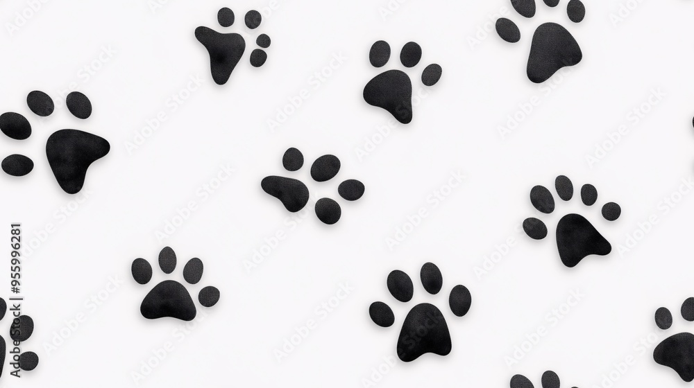 Paw Prints Pattern: A minimalist design featuring a repeating pattern of black paw prints on a white background, evoking a sense of playful charm and animal companionship. Paw Prints Pattern: A minimalist design featuring a repeating pattern of black paw prints on a white background, evoking a sense of playful charm and animal companionship.