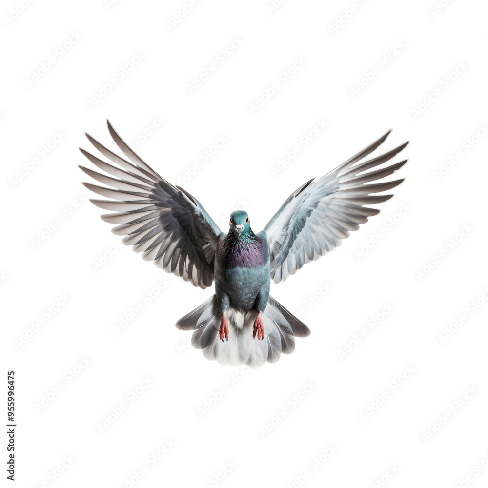 Fototapeta premium Pigeon in flight with wings extended towards the viewer. Suitable for nature, wildlife, freedom, and bird-themed designs. Perfect for promotional materials