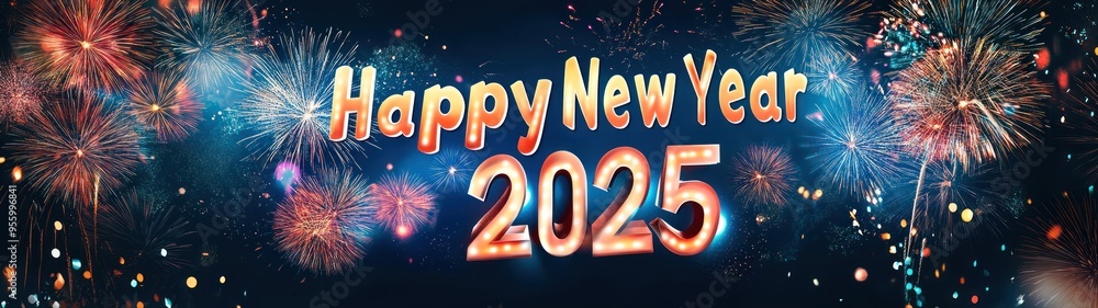 A colorful Happy New Year 2025 banner with bright fireworks display in the background, symbolizing celebration and festivity for the upcoming year. A colorful Happy New Year 2025 banner with bright fireworks display in the background, symbolizing celebration and festivity for the upcoming year.