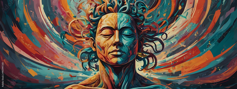 Naklejka premium An abstract illustration of mental resilience, with a strong, central figure surrounded by swirling chaotic elements, representing the strength to remain calm amidst external pressures.