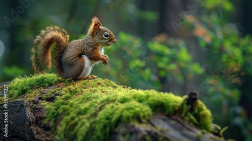 A curious squirrel explores a moss-covered log in a lush forest during a serene morning