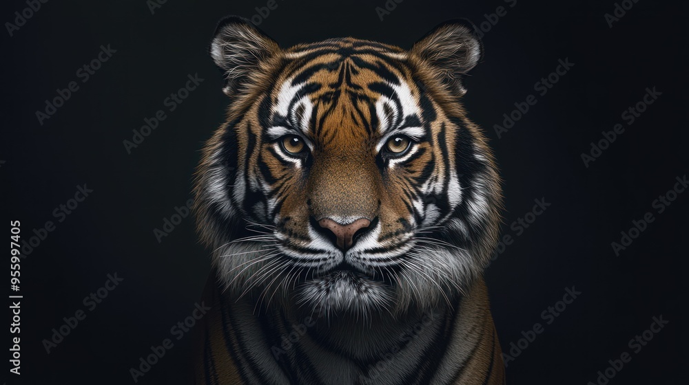 A fierce and majestic tiger gazes directly into the camera, showcasing its powerful presence in a dark studio setting A fierce and majestic tiger gazes directly into the camera, showcasing its powerful presence in a dark studio setting