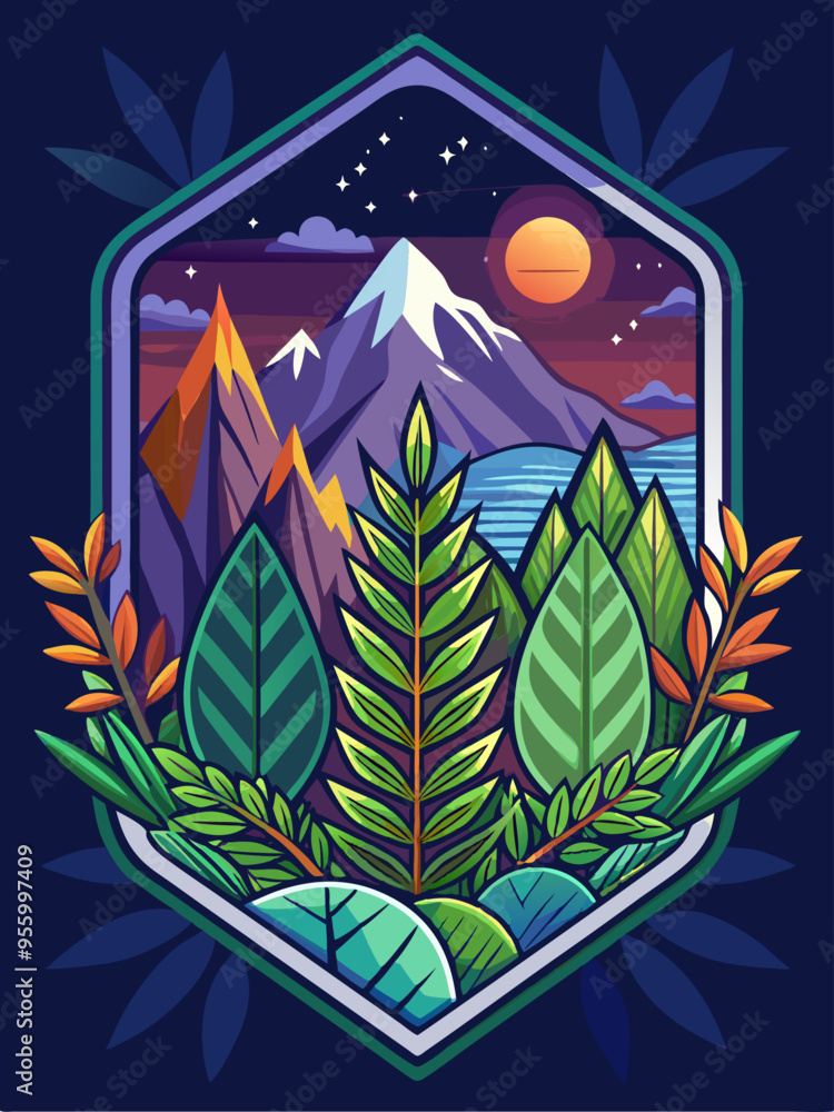 Mountain Landscape with Sunset and Stars in Hexagon Frame Mountain Landscape with Sunset and Stars in Hexagon Frame