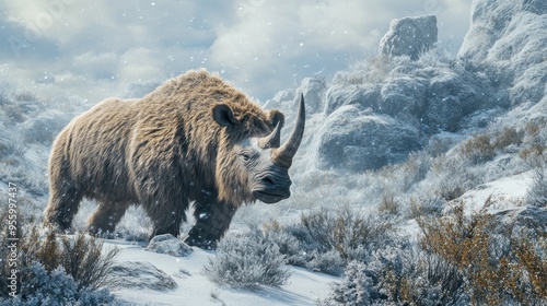 Woolly Rhino in a Snowy Mountain Landscape