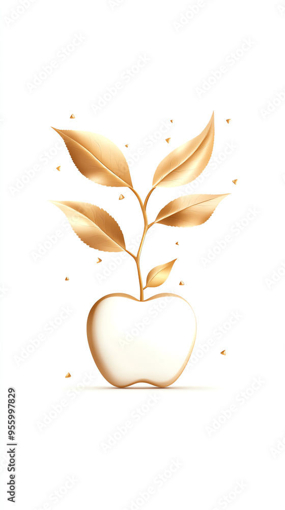 Minimalist golden apple art with leaves growing from it on a white background, symbolizing growth and luxury. Minimalist golden apple art with leaves growing from it on a white background, symbolizing growth and luxury.