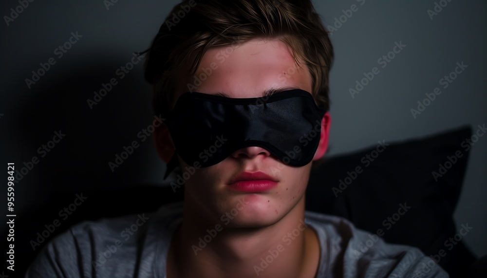 Man Wearing Black Sleep Mask with Red Lips, Eyes Covered Man Wearing Black Sleep Mask with Red Lips, Eyes Covered