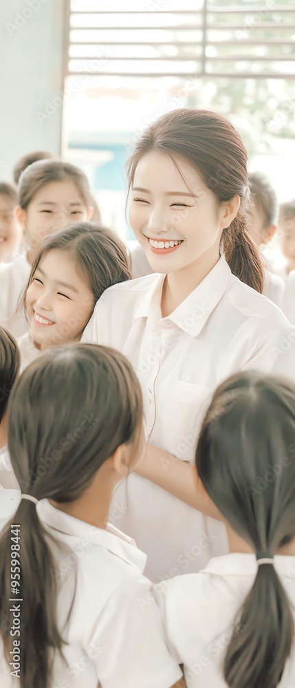 Smiling teacher engaging with cheerful students in a bright classroom, promoting education and a positive learning environment. Smiling teacher engaging with cheerful students in a bright classroom, promoting education and a positive learning environment.