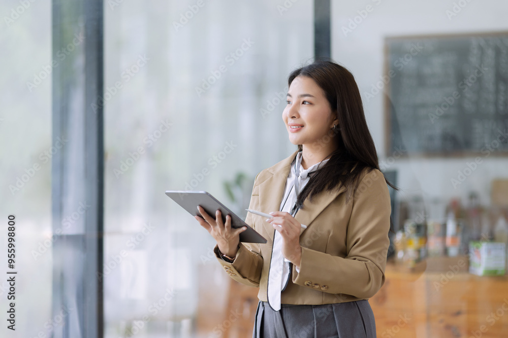 Young asian businesswoman using tablet to startup projects and business presentation plan. Young asian businesswoman using tablet to startup projects and business presentation plan.