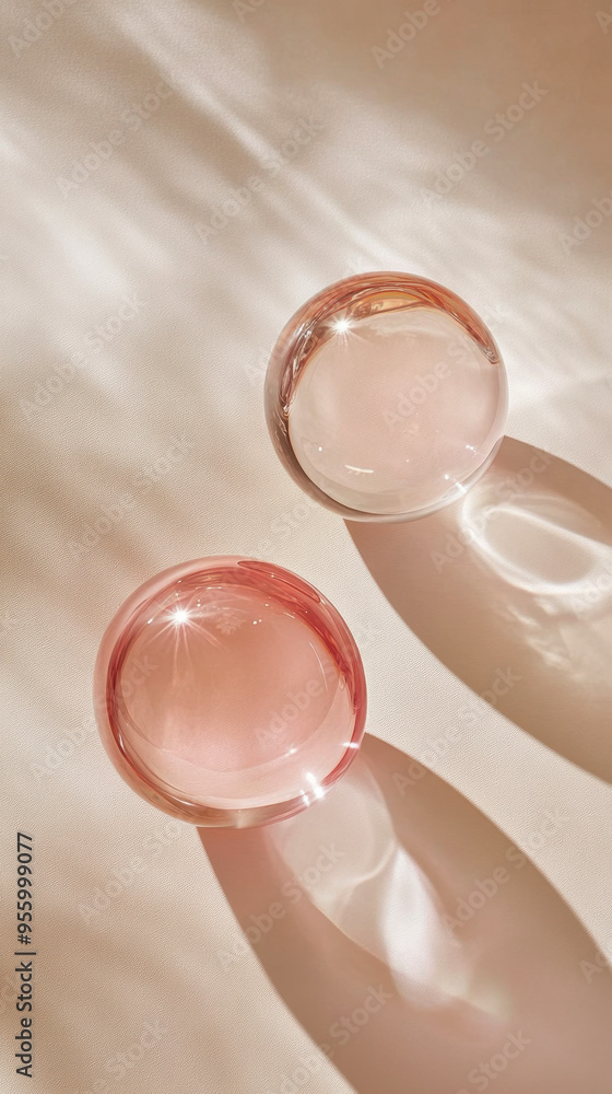 Two glass spheres, casting shadows on a soft, beige fabric background, creating a calming and elegant ambiance Two glass spheres, casting shadows on a soft, beige fabric background, creating a calming and elegant ambiance