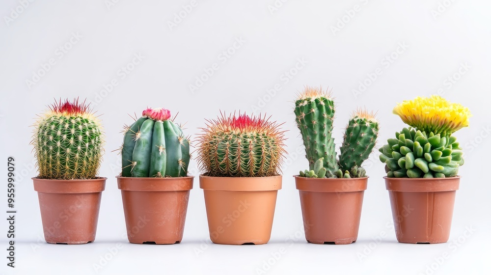 Several cacti with a appendage in pot. Isolated 