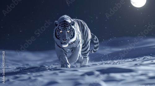 Wallpaper Mural A White Bengal Tiger prowls silently through the moonlit snow under a starry night sky Torontodigital.ca