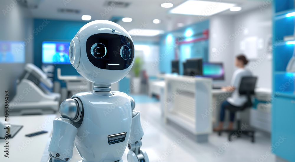A robot volunteering a modern hospital, surrounded by doctors working. The setting is bright and high-tech, representing medical innovation. A robot volunteering a modern hospital, surrounded by doctors working. The setting is bright and high-tech, representing medical innovation.