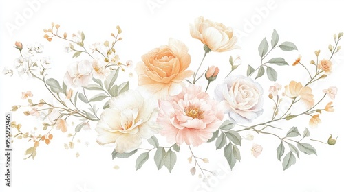 A beautiful watercolor illustration of a delicate bouquet of peonies and roses in soft pastel colors. The flowers are arranged in a natural, flowing style, creating a sense of romance and elegance. Th