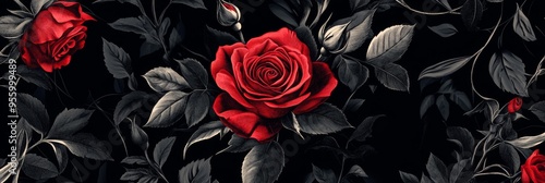 A captivating floral pattern showcasing a single blooming red rose surrounded by lush, dark green foliage, symbolizing love, beauty, passion, and the cycle of life.