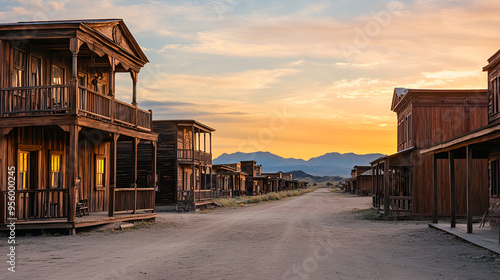 Abandoned western town with rustic wooden facades and empty dirt roads stretching into the distance at sunset evoking the nostalgic beauty and eerie silence of a bygone wild west era