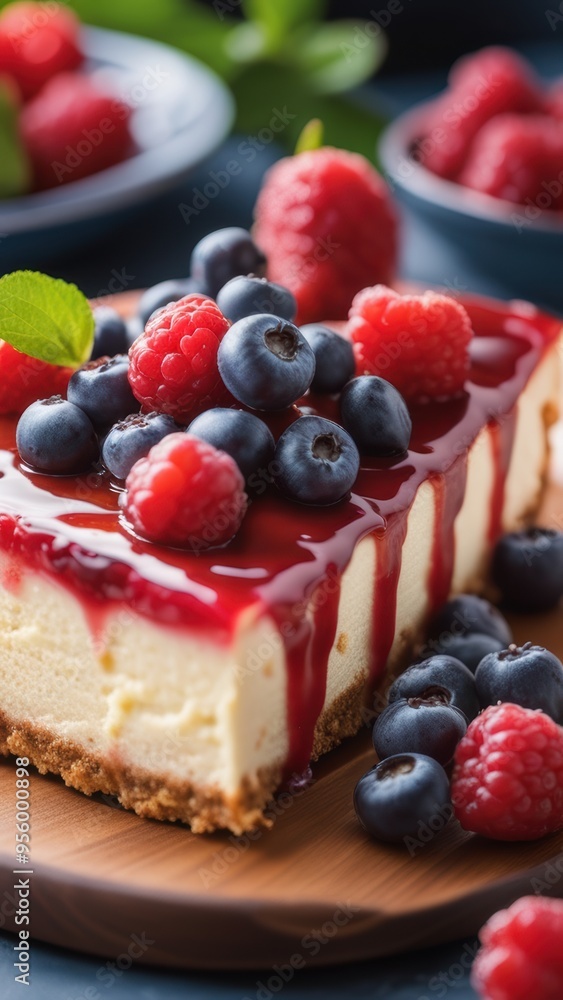 A close-up of creamy cheesecake with raspberry jelly and a layer of fresh blueberries on top. A close-up of creamy cheesecake with raspberry jelly and a layer of fresh blueberries on top.