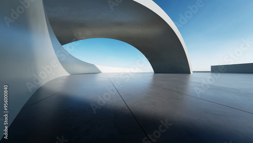 Fototapeta Naklejka Na Ścianę i Meble -  3d render of abstract curve structure futuristic architecture with empty concrete floor