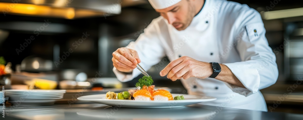 A skilled chef plating gourmet food in a modern kitchen, showcasing culinary craftsmanship and attention to detail. A skilled chef plating gourmet food in a modern kitchen, showcasing culinary craftsmanship and attention to detail.