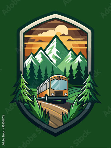 A Yellow Bus Driving Through a Mountain Pass at Sunset