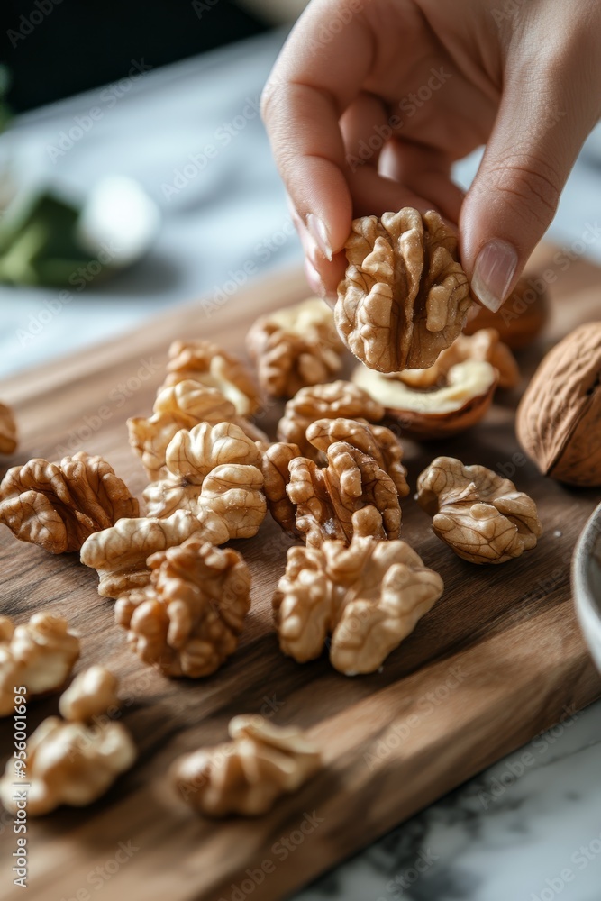 Hand cracking walnuts open on a wooden board, natural brain food, rich in healthy fats. Hand cracking walnuts open on a wooden board, natural brain food, rich in healthy fats.