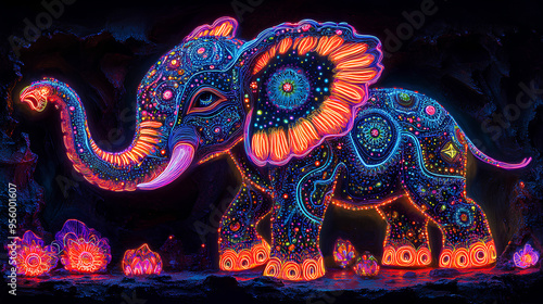 Close up of a colorful, psychedelic neon baby elephant