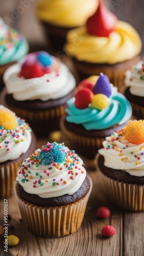 Colorful cupcakes on a wooden surface decorated with vibrant icing and sprinkles.