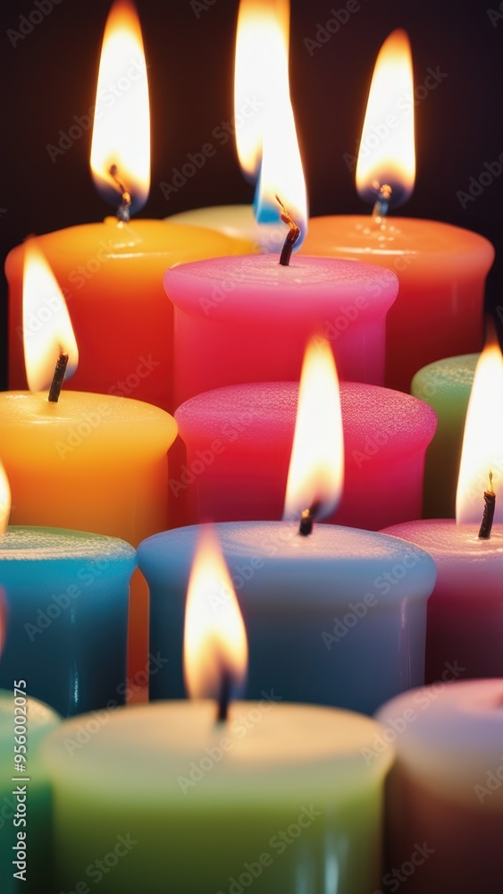 Close-up of lit candles in varying colors with soft focused lighting. Close-up of lit candles in varying colors with soft focused lighting.