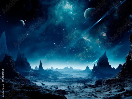 A night-time alien world scene, with a rugged landscape, bright stars, and a massive planet dominating the horizon.