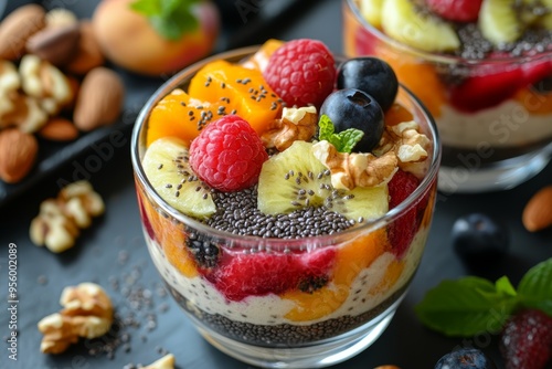 Chia pudding topped with fresh fruits and nuts, brain-stimulating dessert, healthy and satisfying. photo