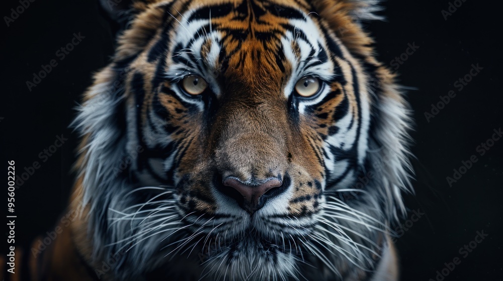 A close-up view of a tiger's face, showcasing its striking orange fur, intense eyes, and distinctive black stripes. A close-up view of a tiger's face, showcasing its striking orange fur, intense eyes, and distinctive black stripes.