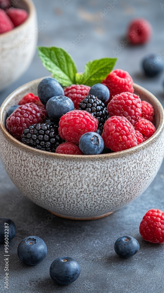 Colorful berry mix in a ceramic bowl, rich in antioxidants, brain health and wellness. Colorful berry mix in a ceramic bowl, rich in antioxidants, brain health and wellness.