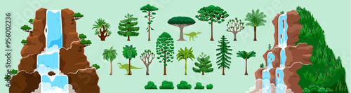 Cartoon jungle rainforest trees and palms, waterfall cascades, jurassic dinosaurs era environment game asset. Vector UI kit of video or mobile game, prehistoric nature landscape elements and dinosaurs