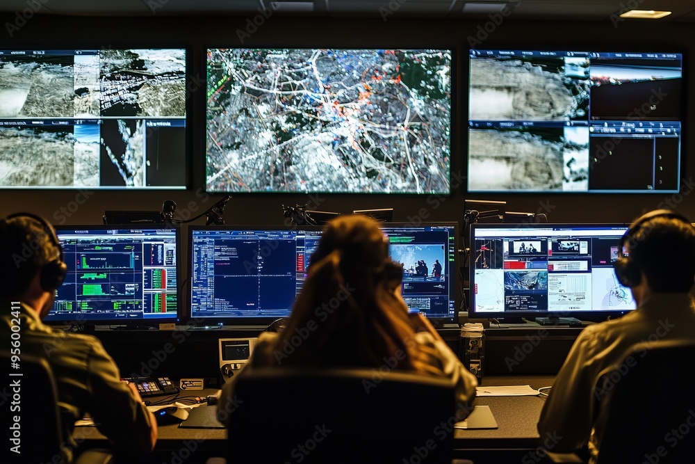 Obraz premium A team in a command center rapidly coordinating during a crisis. Monitors display real-time updates and strategies