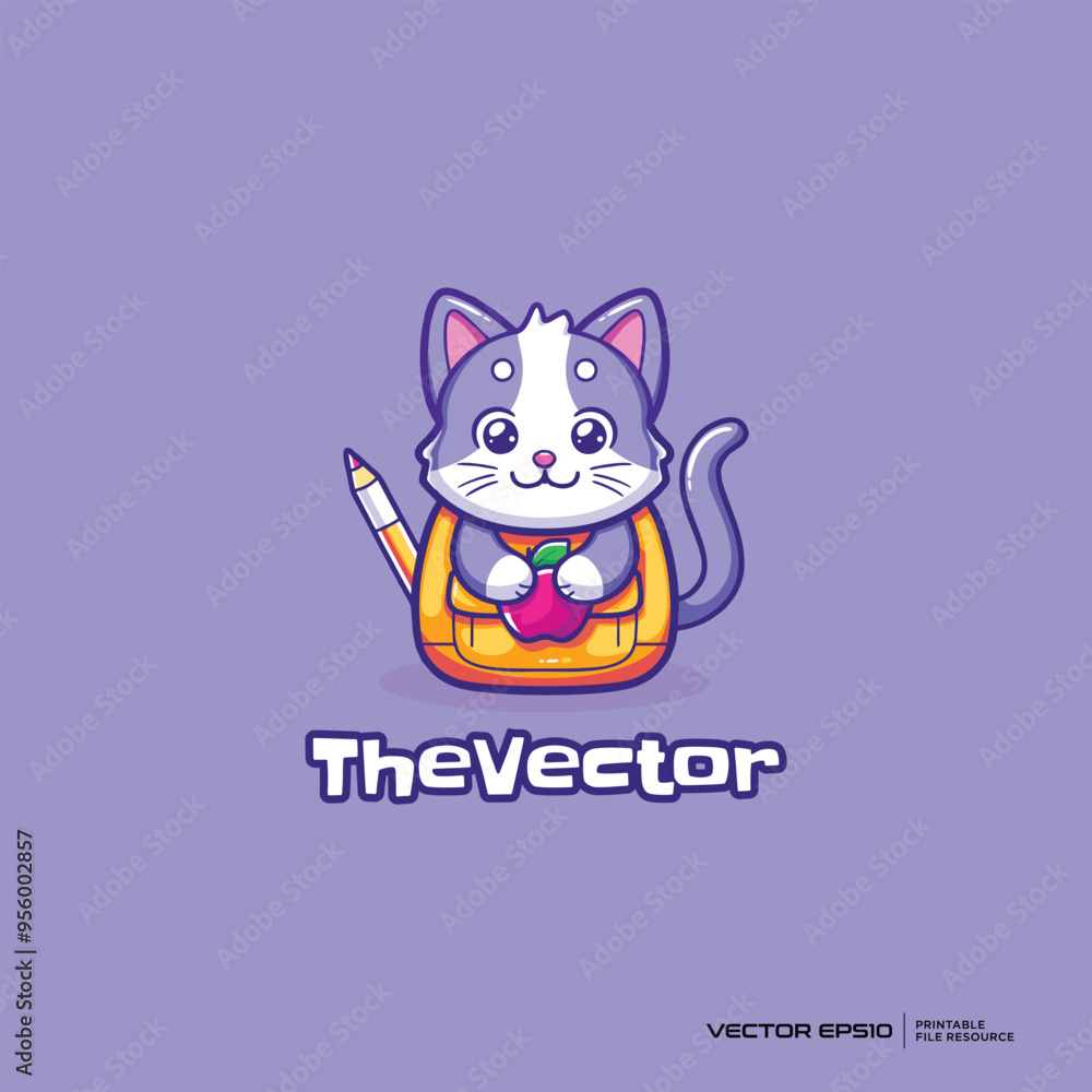 Cute cat with lunch box logo, vector, mascot, character, cartoon, illustration, eps10 Cute cat with lunch box logo, vector, mascot, character, cartoon, illustration, eps10