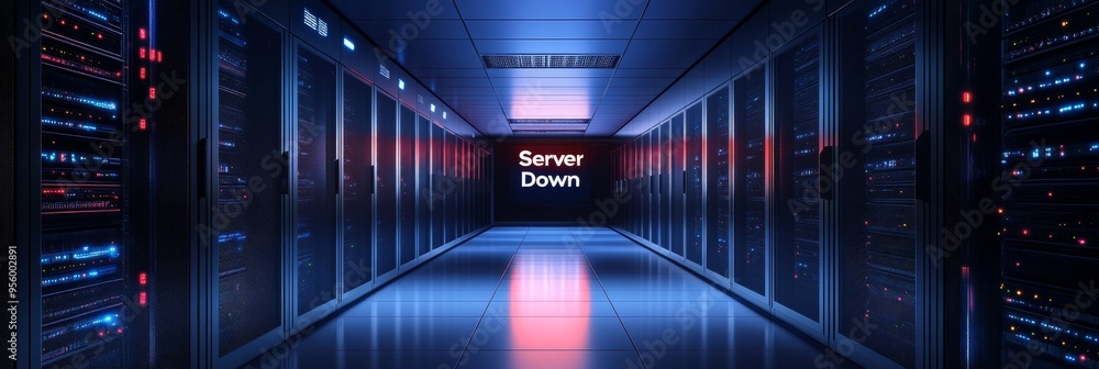 A dramatic view of a server room with glowing lights and the message A dramatic view of a server room with glowing lights and the message