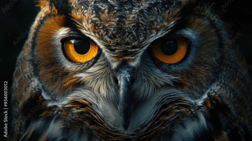 An owl's intense gaze illuminated by dramatic lighting, showcasing captivating features and a mysterious aura An owl's intense gaze illuminated by dramatic lighting, showcasing captivating features and a mysterious aura