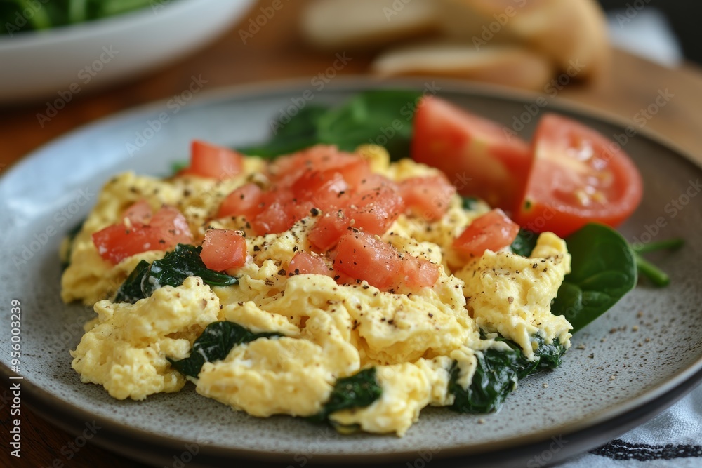 Plate of scrambled eggs with spinach and tomatoes, brain-boosting meal, nutritious and easy. Plate of scrambled eggs with spinach and tomatoes, brain-boosting meal, nutritious and easy.