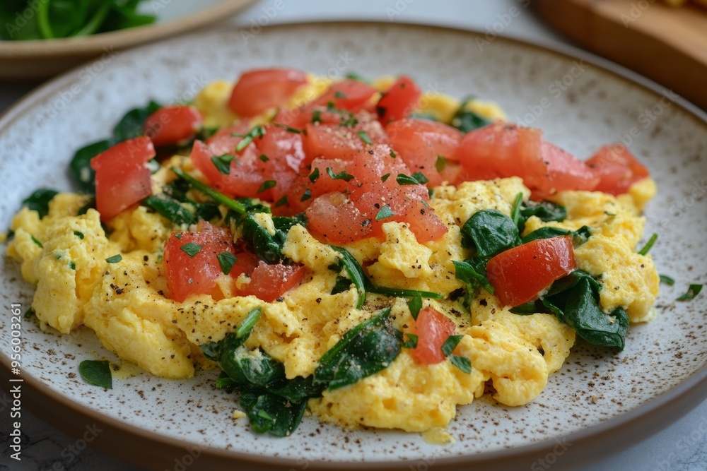 Plate of scrambled eggs with spinach and tomatoes, brain-boosting meal, nutritious and easy. Plate of scrambled eggs with spinach and tomatoes, brain-boosting meal, nutritious and easy.