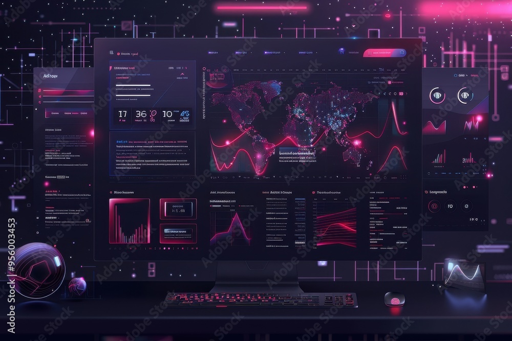 A futuristic data dashboard with vibrant pink elements showing analytics, graphs, maps, and futuristic interface components. A futuristic data dashboard with vibrant pink elements showing analytics, graphs, maps, and futuristic interface components.