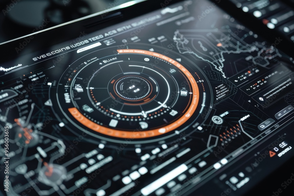 Futuristic digital interface with data visualization on a high-tech screen, showcasing advanced technology and innovation. Futuristic digital interface with data visualization on a high-tech screen, showcasing advanced technology and innovation.