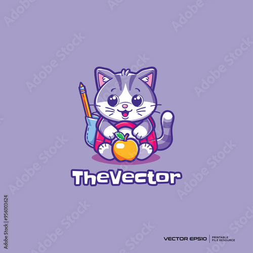 Cute cat with lunch box logo, vector, mascot, character, cartoon, illustration, eps10