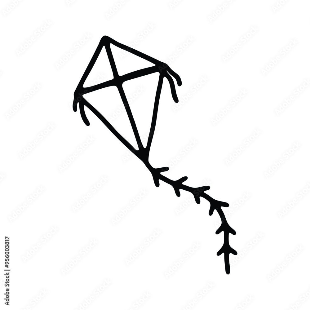 A minimalistic black and white illustration of a kite, featuring a diamond shape with a tail adorned with bows. A minimalistic black and white illustration of a kite, featuring a diamond shape with a tail adorned with bows.
