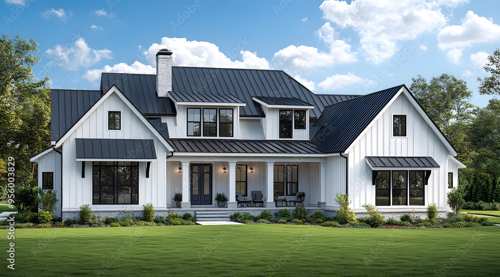 “A Modern Farmhouse-Style Home with a White and Black Color Scheme, Featuring Rustic Charm and Contemporary Design Elements, Perfect for Representing Stylish and Cozy Living Spaces in a Blend of Tradi “A Modern Farmhouse-Style Home with a White and Black Color Scheme, Featuring Rustic Charm and Contemporary Design Elements, Perfect for Representing Stylish and Cozy Living Spaces in a Blend of Tradi