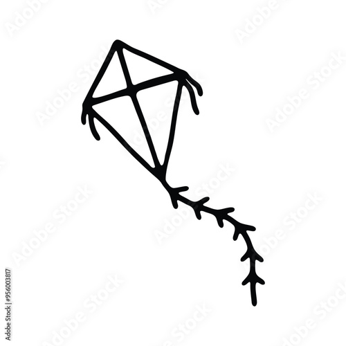 A minimalistic black and white illustration of a kite, featuring a diamond shape with a tail adorned with bows.