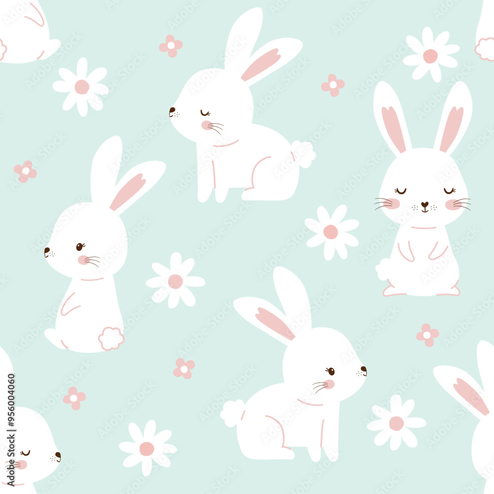 Happy Easter Day.Cute spring easter rabbit and daisy pattern design. Seamless bunny floral pattern for wrapping paper print and baby greeting card textile. Happy Easter Day.Cute spring easter rabbit and daisy pattern design. Seamless bunny floral pattern for wrapping paper print and baby greeting card textile.